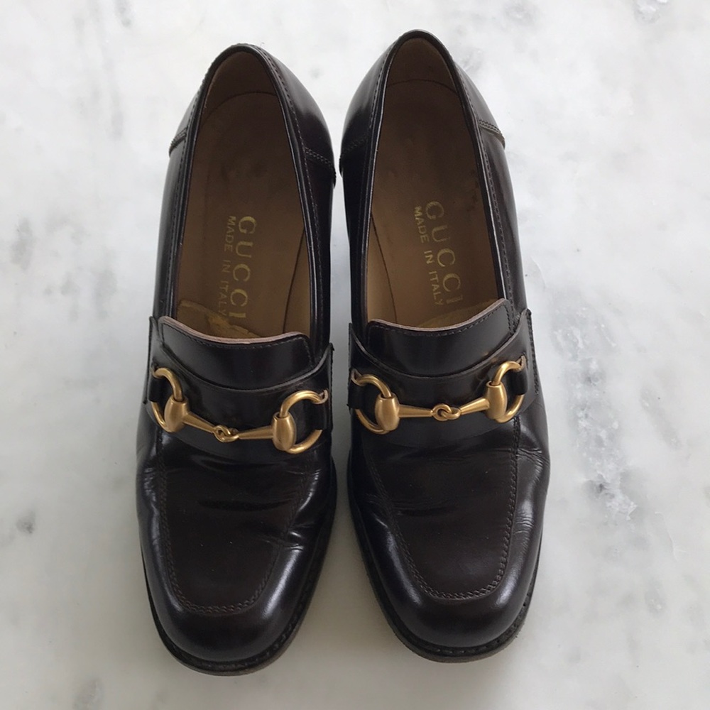 Vintage Gucci high heel horse-bit loafers.